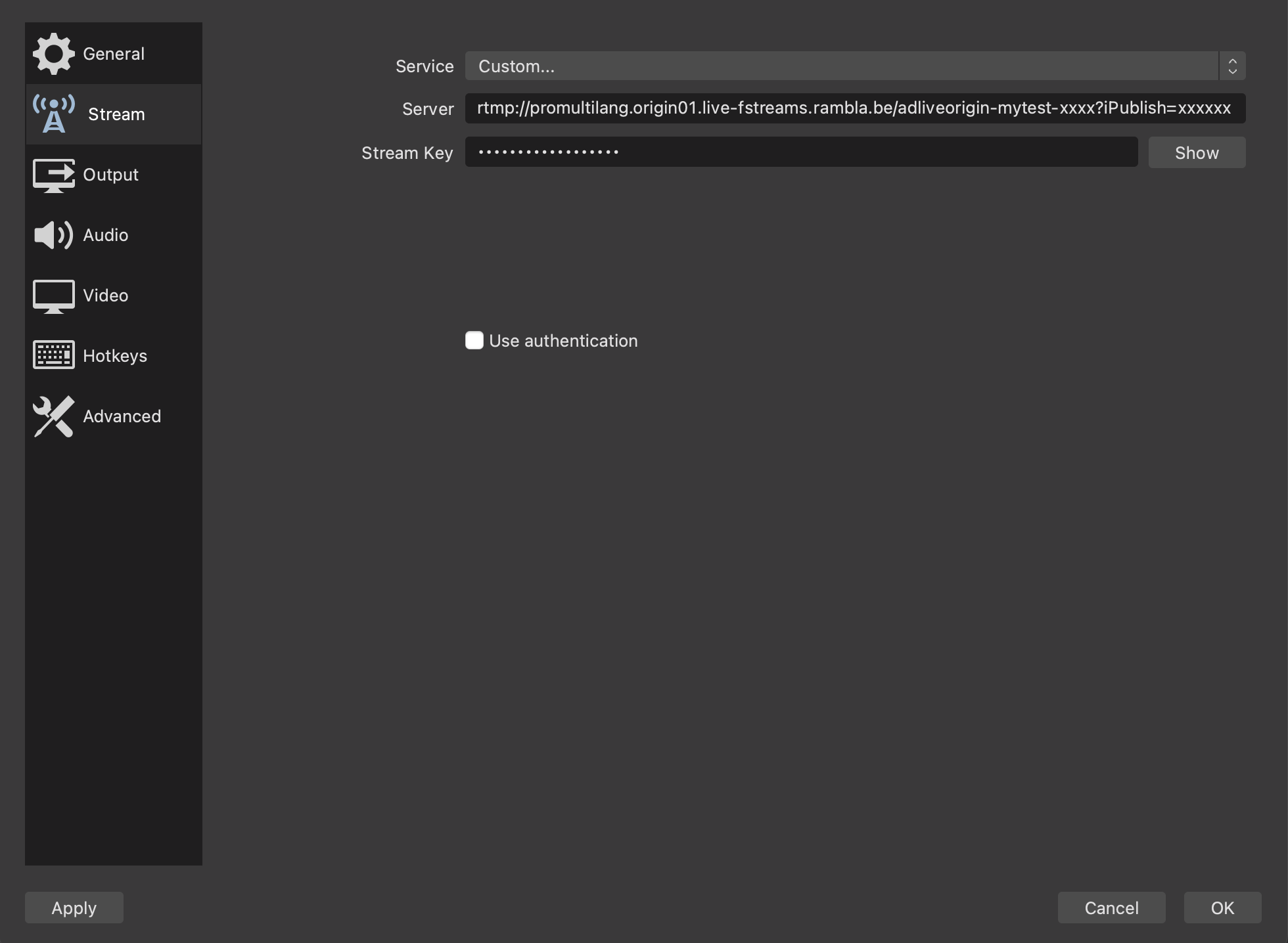 OBS Studio Configuration For An RTMP Broadcast With 2 Languages